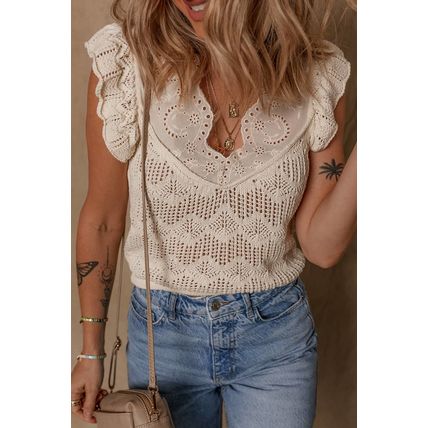 Beige Embroidered Patchwork Hollow Out Knitted Ruffle Sweater Vest