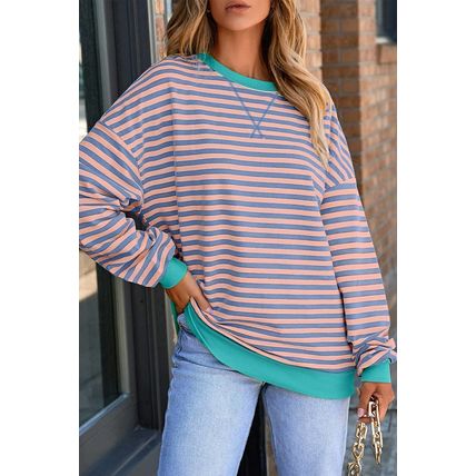 Racing Red Striped Contrast Ribbed Trim Crossed Stitch Drop Shoulder Sweatshirt