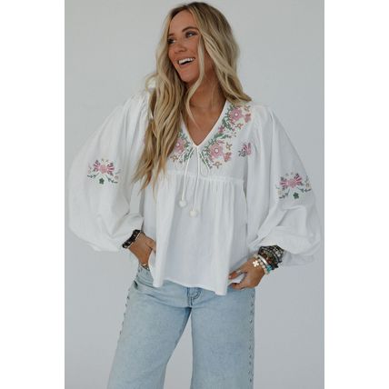 White Flower Lace-up V Neck Babydoll Blouse