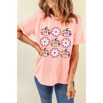 Pink Floral Pumpkin Thanksgiving Holiday Funny Graphic T Shirt