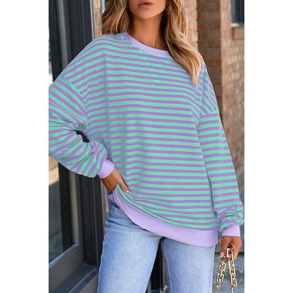 Blue Stripe Contrast Ribbed Trim Crossed Stitch Drop Shoulder Sweatshirt