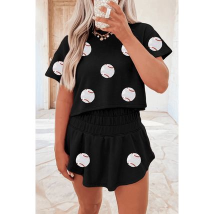 Black Baseball Print Skort Set