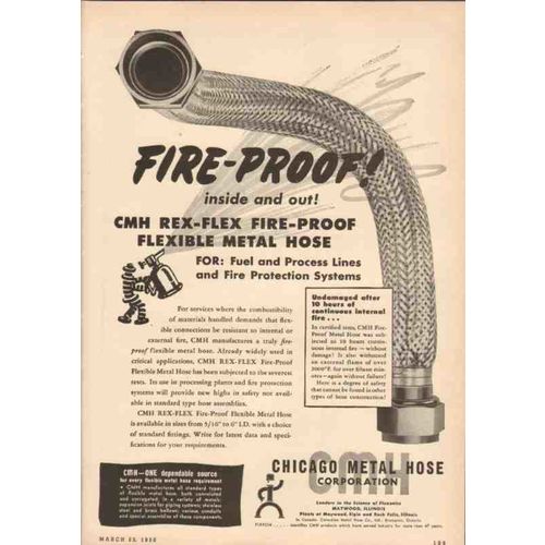 chicago metal hose corp 1950 fire-proof cmh rex-flex oil vintage ad
