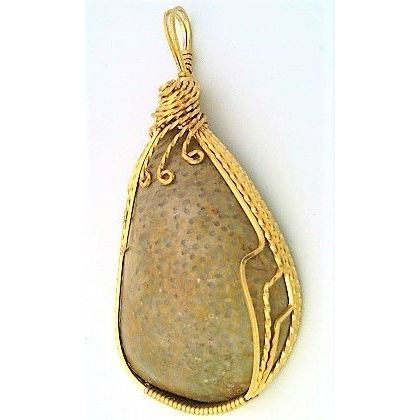 Agatized Fossil Cab Brass Wire Wrap Gemstone Pendant 39