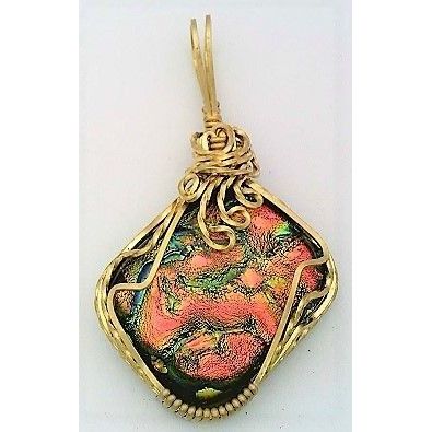 Orange Green Dichroic Glass Brass Wire Wrap Pendant 4