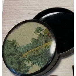 Vintage Early Plastic Black Lacquer Round Box with Landscape Portrait to Lid