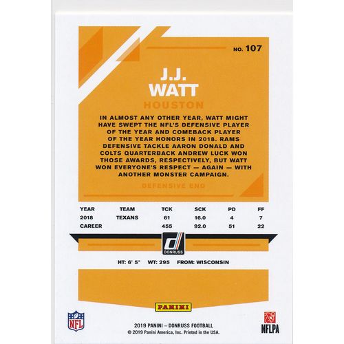 2019 Donruss Football Base 107 J.J. Watt Houston Texans