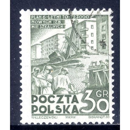 POLAND 1951, Six Years Plan - House Building, Dull Green, 30 G, USED - Full Gum