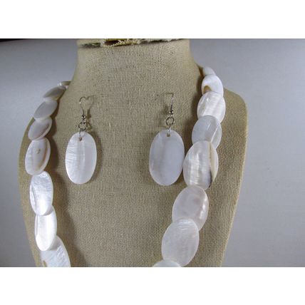 Genuine White Natural Mother of Pearl Oval Strand Necklace Set