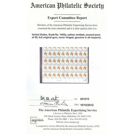 1455a Yellow Color Omitted MAJOR ERROR With APS Certificate MNH - Stuart Katz