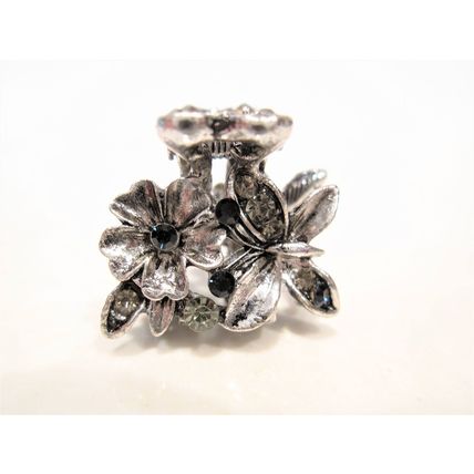 Silver metal blue/black flower butterfly crystal hair claw clip bridal clip