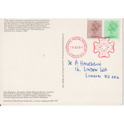 National Postal Museum FDI Postcard 1984 - Bicent 1st Mail Run London/Bath