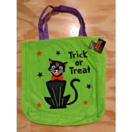 New w/Tag Happy Cat Felt 12x12 Lime Green Black Cat & Stars Trick Or Treat Bag