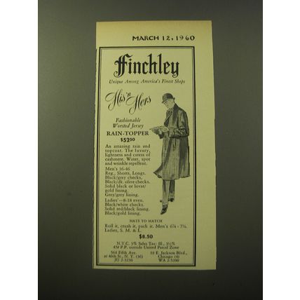1960 Finchley Rain-Topper Topcoat Ad - His 'n Hers Fashionable Worsted Jersey