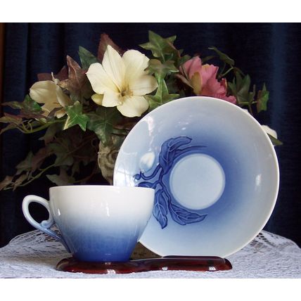 Bing Grondahl Christmas Rose 102 Teacup & Saucer Delft Blue Colors Embossed Rose