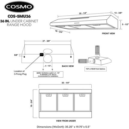 COSMO COS-5MU36 36 In. Delta Collection Ducted under Cabinet Range Hood, Button