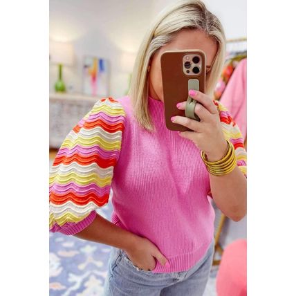Pink Ribbed Knit Contrast Sleeve Sweater Top