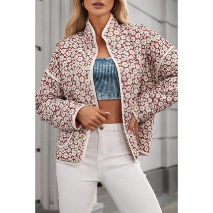 Pink Floral Print Contrast Edge Stand Neck Coat