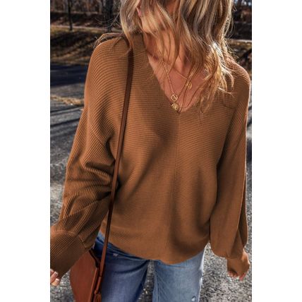 Camel Ribbed Knit Drop Sleeve V Neck Loose Fit Sweater