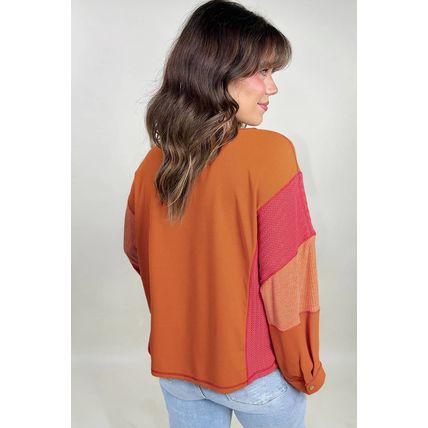 Orange Textured Knit Color Block Patchwork Chest Pocket Plus Size Top