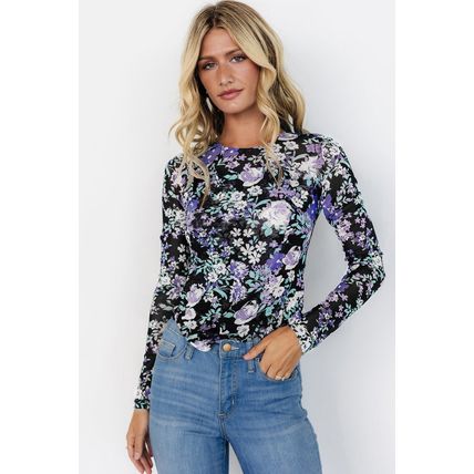 Black Floral Print Mesh Fitted Long Sleeve Top