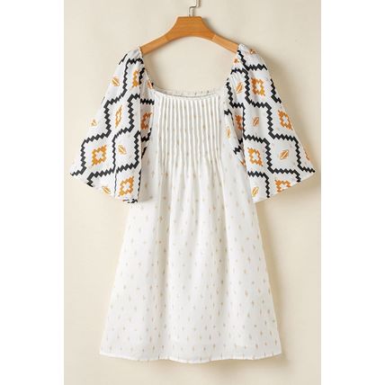 Beige Western Aztec Print Pleated Square Neck Loose Mini Dress