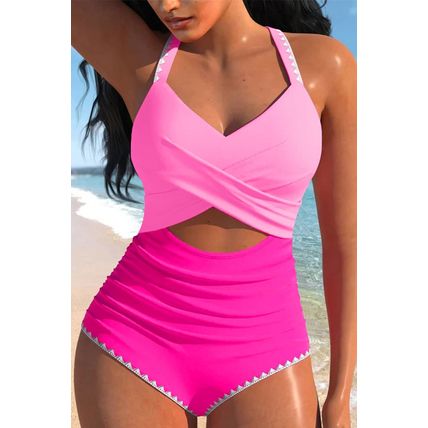Rose Red Ric Rac Trim Contrasted Patchwork Cutout One Piece Swimsuit