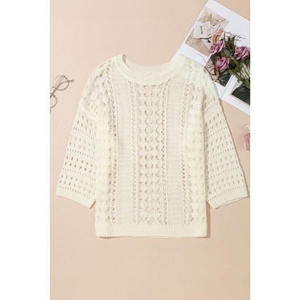 White Hollow Out Knit Bracelet Sleeve Drop Shoulder Sweater
