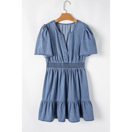Ashleigh Blue Ruffled V Neck Smocked High Waist Denim Mini Dress