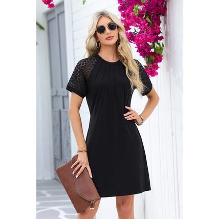 Black Contrast Lace Raglan Sleeve Pleated Detail Shift Dress