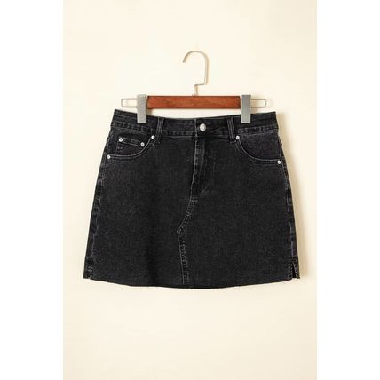 Carbon Grey Mineral Wash Ripped Raw Hem Denim Mini Skirt