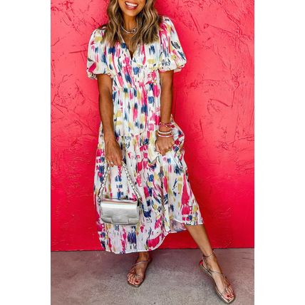Rose Abstract Print Short Puff Sleeve Tiered Maxi Dress