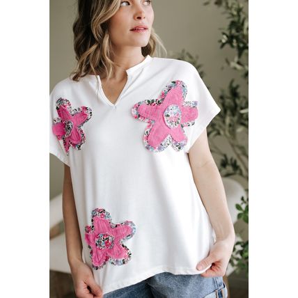 White Floral Applique Notched V Neck Dolman Sleeve Top