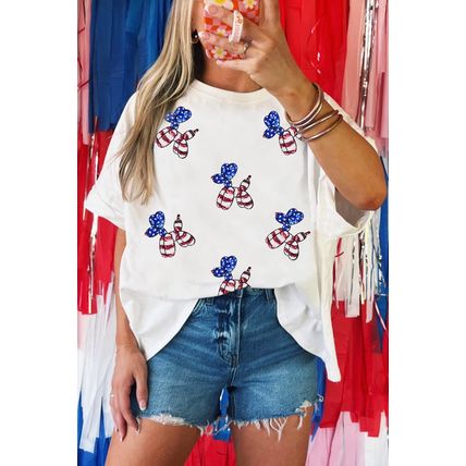 White Sequin USA Flag Balloon Puppy Graphic Drop Shoulder High Low Tee