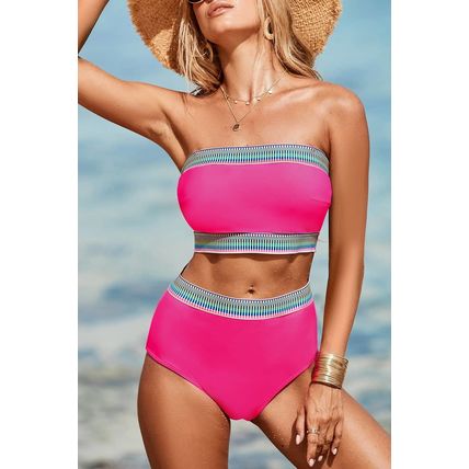 Rose Red Contrast Banding Tube Bikini High Waist 2pcs Swimsuit