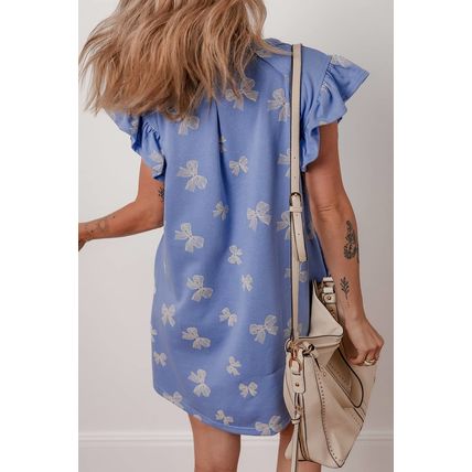 Sky Blue Bow Knot Print Crewneck Ruffled Sleeve Shift Mini Dress