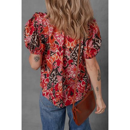 Red Ethnic Print Split Neck Short Puff Sleeve Blouse