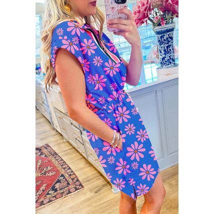 Purple Floral Striped Quarter Zip Cap Sleeve Drawstring Waist Mini Dress