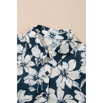 Blue Floral Short Puff Sleeve Summer Shirt