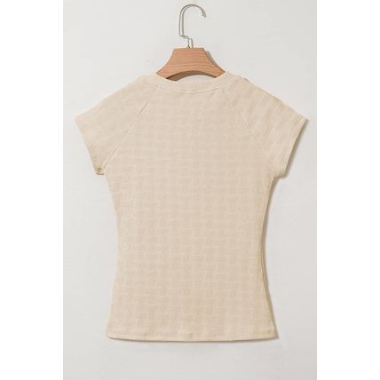 Beige Textured Crew Neck Cap Sleeve Slim Stretchy T Shirt