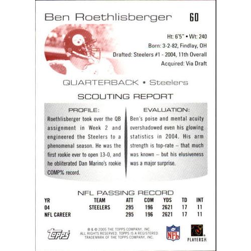 2005 Topps Draft Picks and Prospects Ben Roethlisberger #60