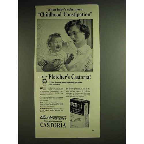 1948 Chas. H. Fletcher Castoria Ad - baby's sobs mean childhood constipation