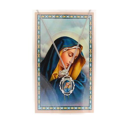 OUR LADY SORROWS PEWTER MEDAL NECKLACE PLUS TWO FREE PRAYER CARDS