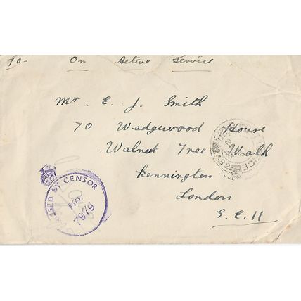 GB 1943 cover On Active Service with Passed by Censor frankings to Kennington