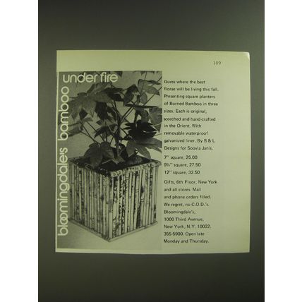 1974 Bloomingdale's Ad - Burned Bamboo Planters by B&L Designs for Soovia Janis