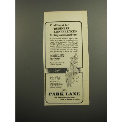 1952 The Park Lane Hotel Ad - Traditional for business conferences meetings