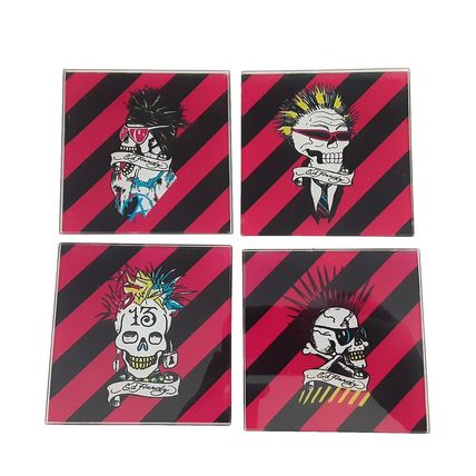 Ed Hardy Glass Skull Drink Coasters Square Set of 4 Christain Audigier Design