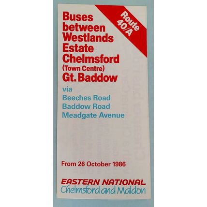 Bus timetable 1986 Chelmsford Westlands Estate to Great Baddow