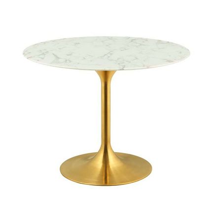 40" White Round Pedestal Stem Dining Table Gen. Stone Faux Marble Top Gold Base
