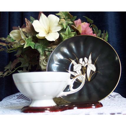 Marked in Gold MADE IN JAPAN Hand Painted Black & White Footed Teacup & Saucer
